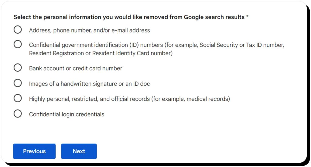 Select the personal information you would like removed