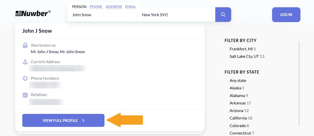 Person lookup results on Nuwber with the "View full profile" button highlighted