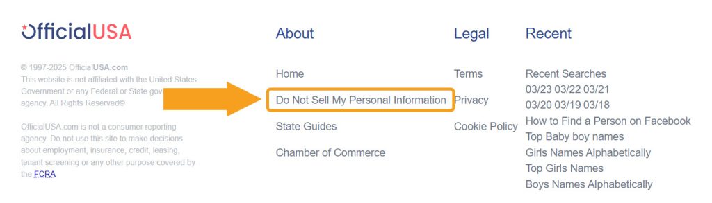 The "Do Not Sell My Personal Information" link highlighted in the OfficialUSA footer