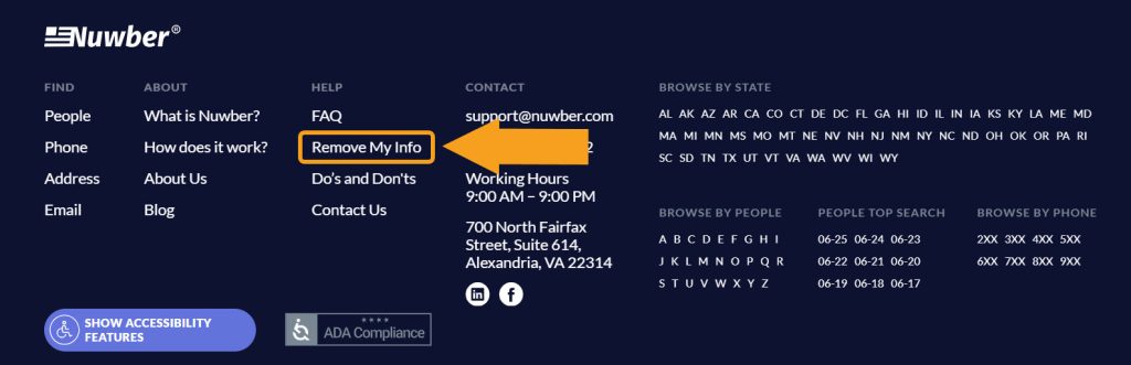 Nuwber footer with the "Remove My Info" link highlighted to open the opt-out page