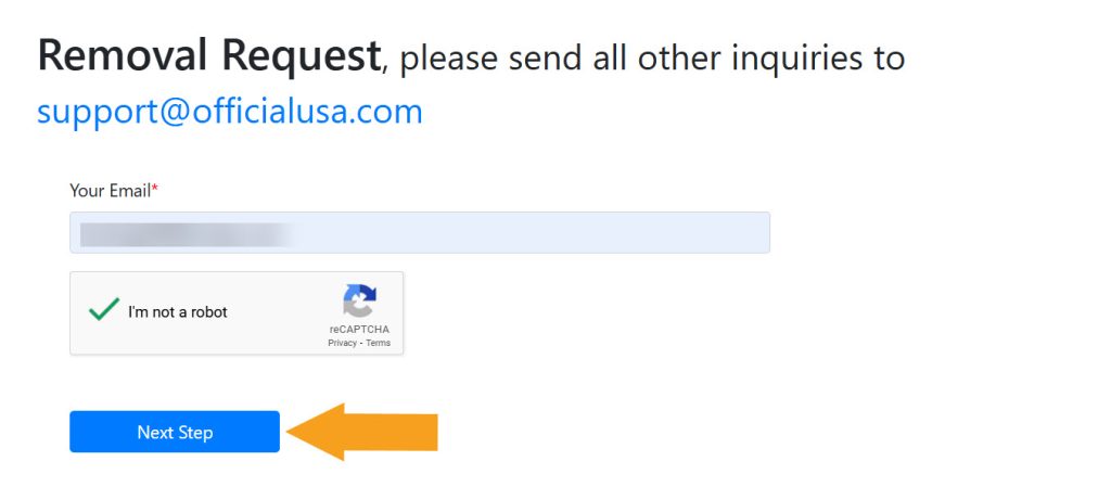 Submitting your email on OfficialUSA to remove your info