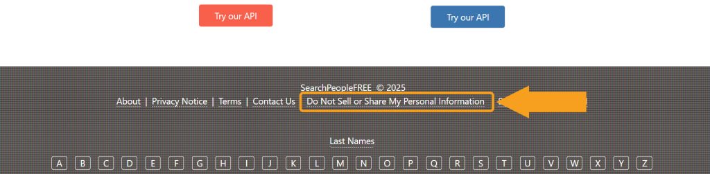 SearchPeopleFREE site footer with the "“Do Not Sell or Share My Personal Information” link highlighted