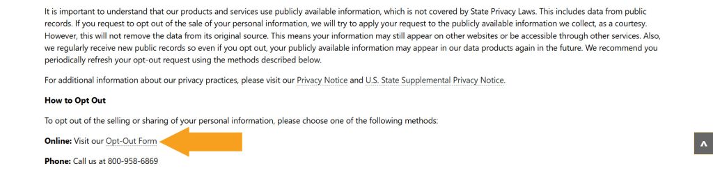SearchPeopleFREE Notice of Right to Opt-Out of Sale and Sharing of Personal Information page with the "Opt-Out Form" link highlighted