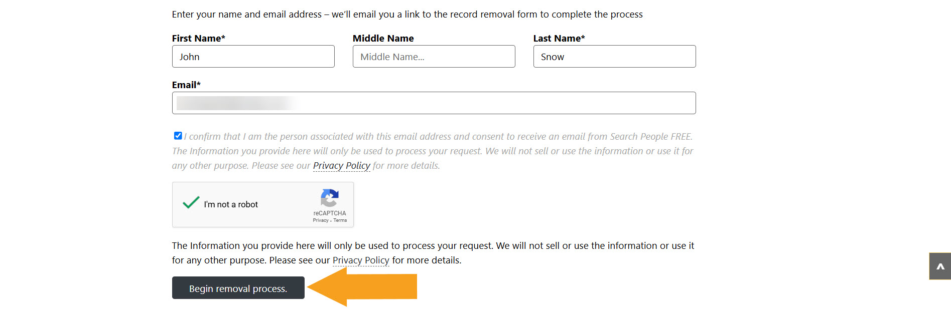 SearchPeopleFREE opt-out page one with name and email address submission