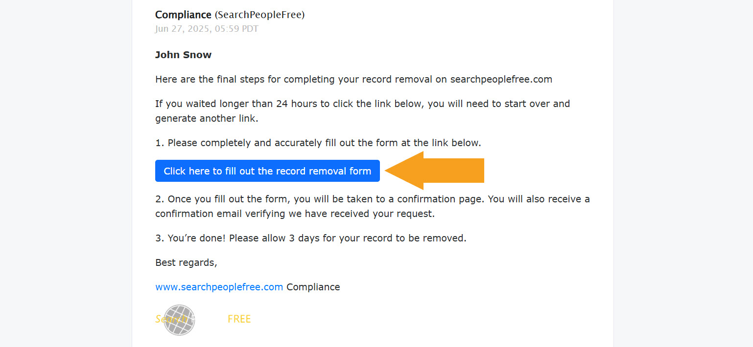 SearchPeopleFREE email validation with an arrow pointing at button link to the opt-out form