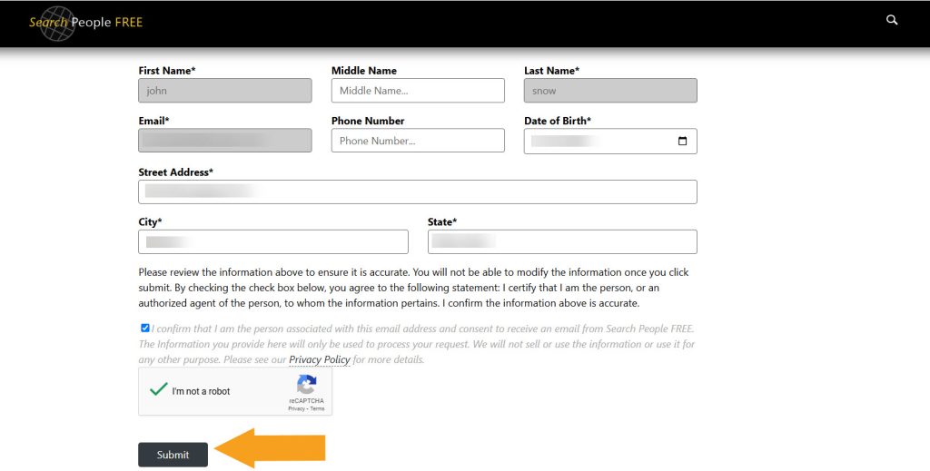 SearchPeopleFREE opt-out page two with the submission of personal details