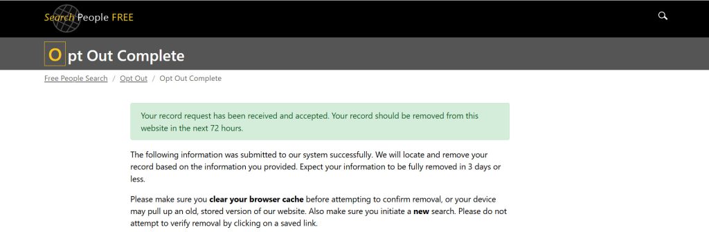 SearchPeopleFREE opt-out on-screen confirmation