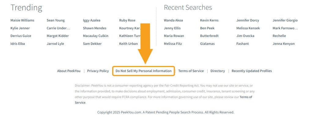 PeekYou footer with the "Do Not Sell My Information" link highlighted to access the opt-out page