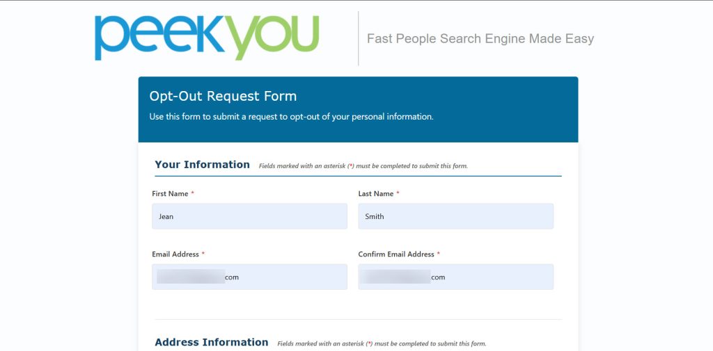 PeekYou opt-out form