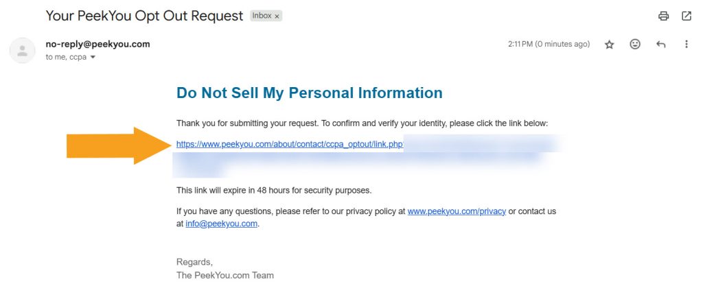 PeekYou opt-out verification email