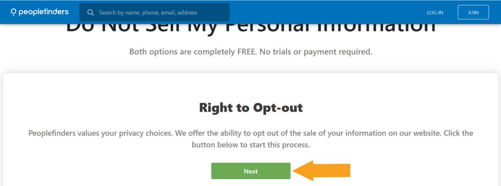 PeopleFinders Do Not Sell My Information page: click Next to go on with PeopleFinders opt out