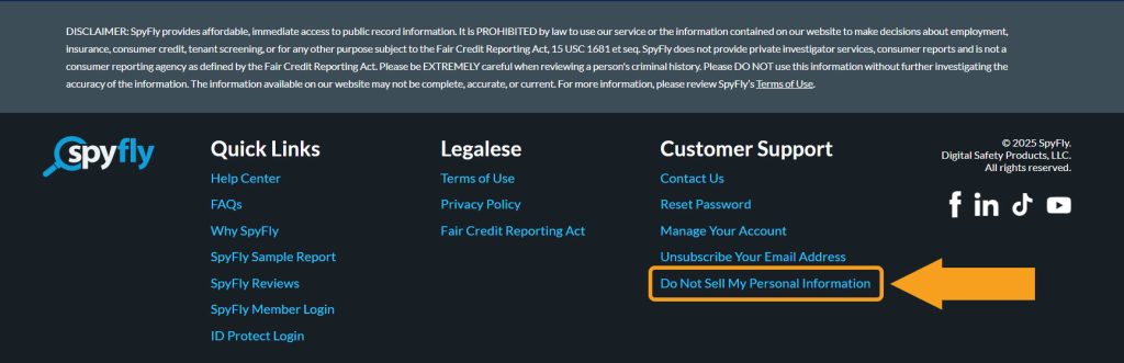 SpyFly footer with the "Do Not Sell My Personal Information" link