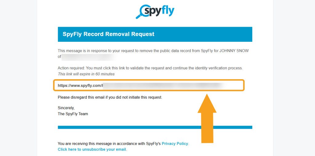 SpyFly verification link sent via email to complete opt-out