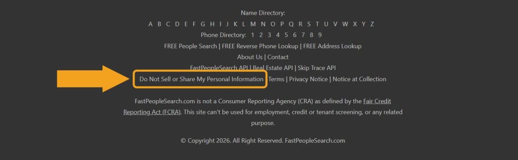 FastPeopleSearch.com website footer with the "Do Not Sell or Share My Personal Information." link pointed at