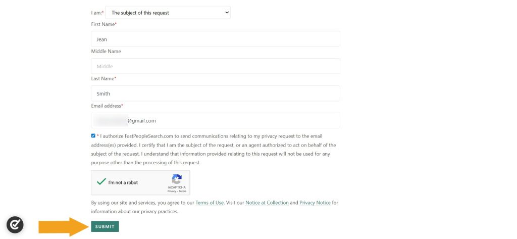 FastPeopleSearch name and email submission form to receive an opt-out link