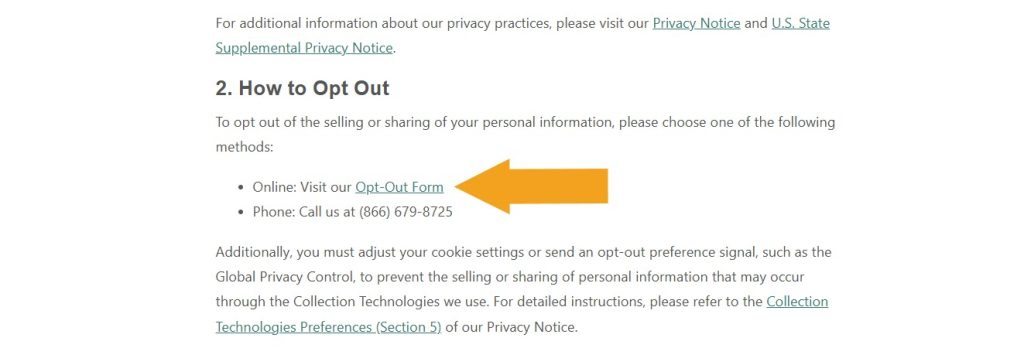 Notice of Right to Opt-Out of Sale and Sharing of Personal Information page on FastPeopleSearch with the link to opt-out form highlighted