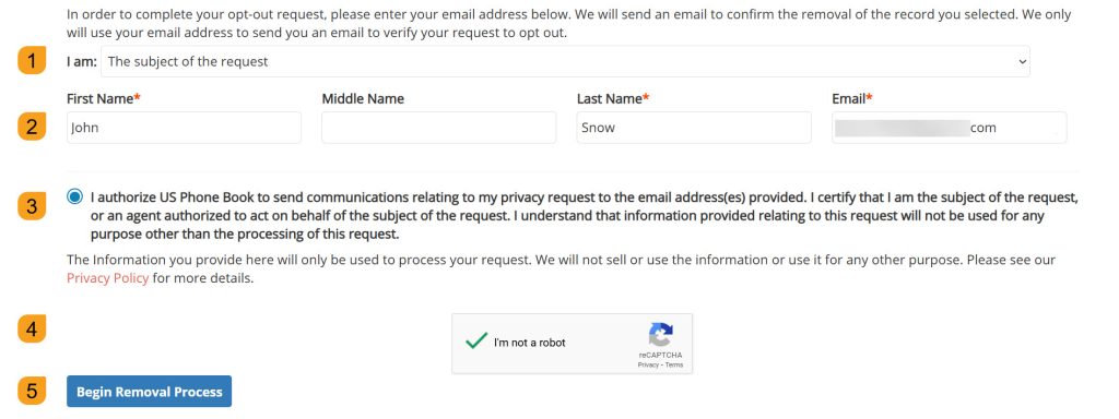 USPhoneBook opt-out form: name and email submission