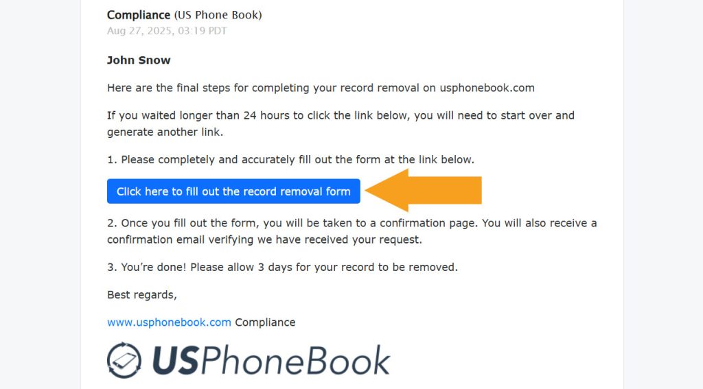 USPhoneBook opt-out email verification