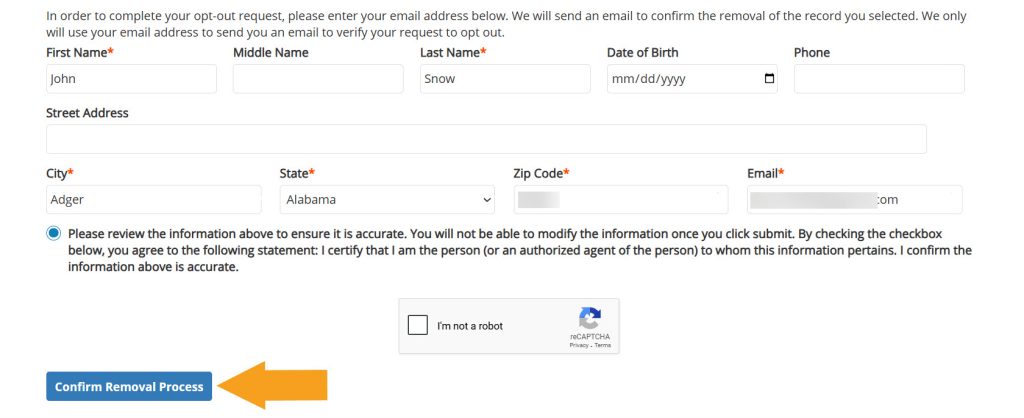 USPhoneBook opt-out form with personal details submission