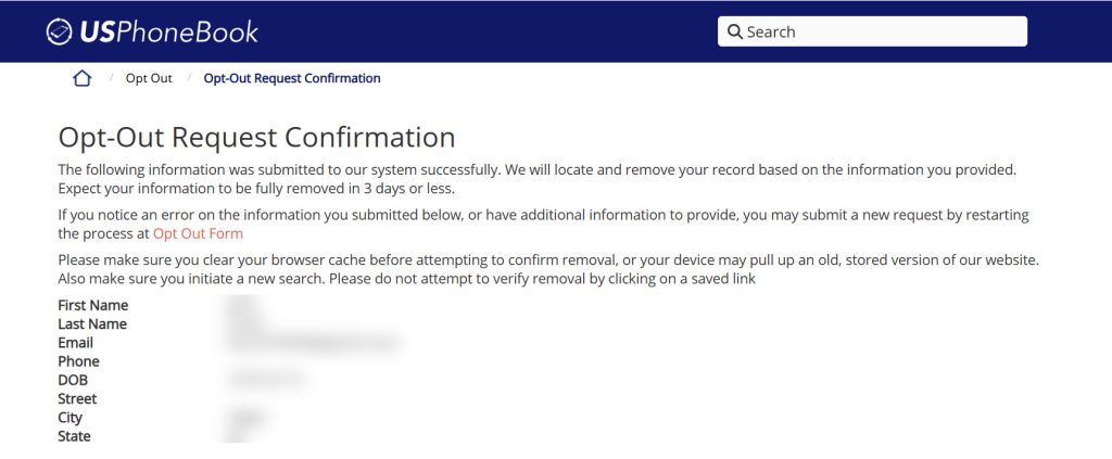 usphonebook.com opt out request confirmation screen