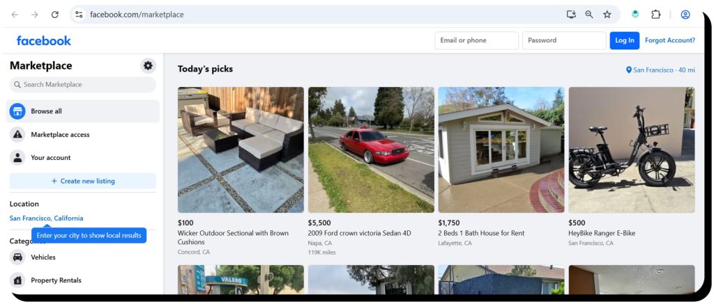 Facebook Marketplace is safe for online shopping, main page view on a desktop