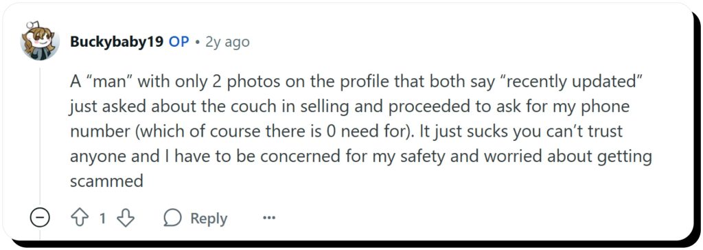 Reddit user sharing their "Is FB Marketplace safe?" story about being asked for a phone number