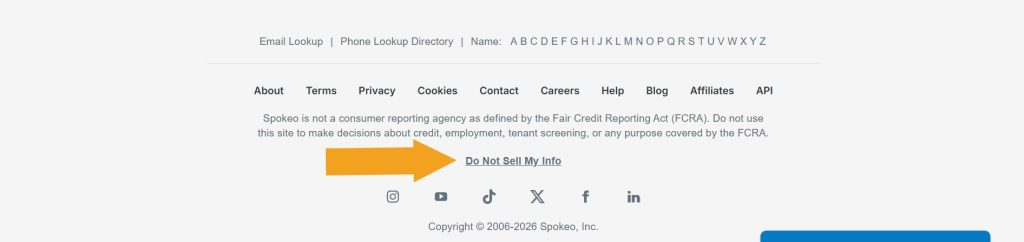 The Do Not Sell My Info link at the bottom of Spokeo home page