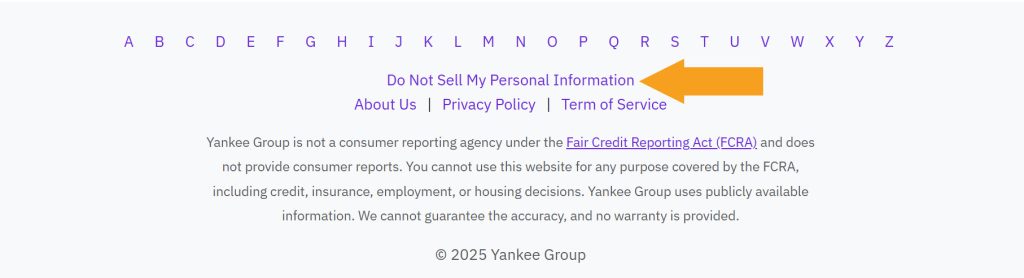 yankeegroup.com footer with the link prompting to click "Do Not Sell My Personal Information" to access the opt-out page