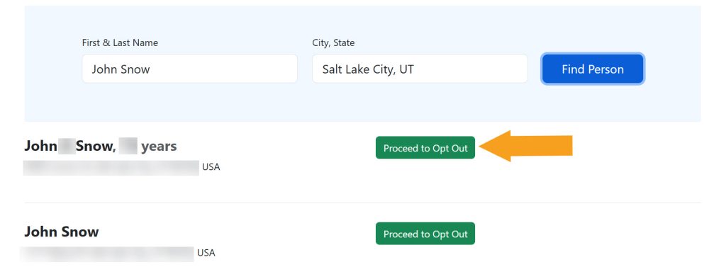 yankeegroup.com choosing which record to remove with an arrow prompting to click the "Proceed to Opt Out" button