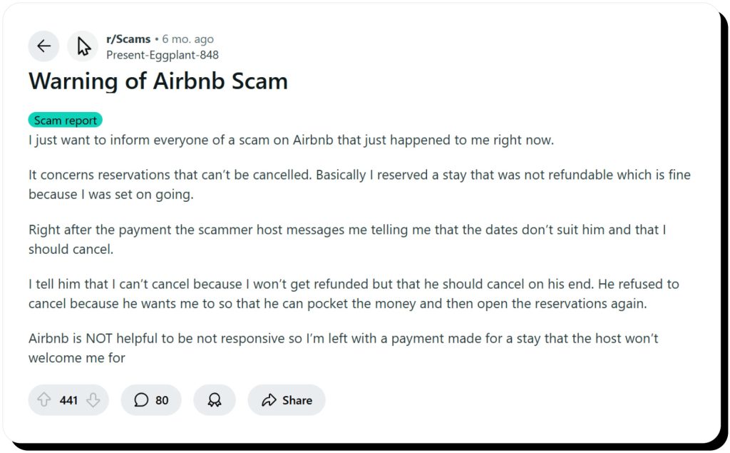 A Reddit user sharing the Airbnb scam they've encountered, igniting the discussion about how safe Airbnb is