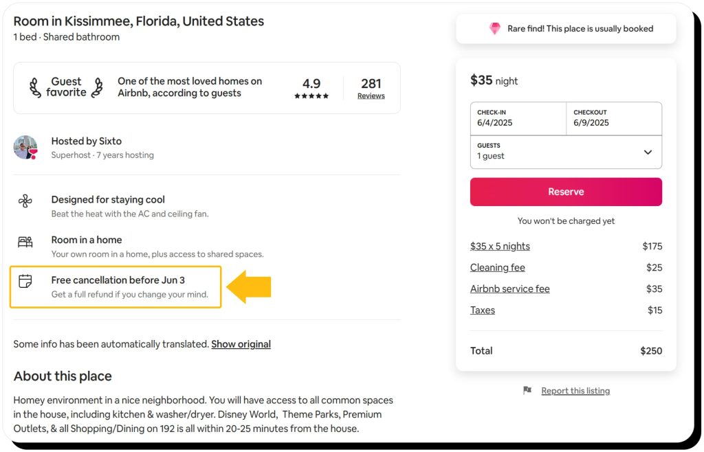 A listing on Airbnb with an arrow pointing at a cancellation policy, describing what to know about Airbnb cancellation before renting.