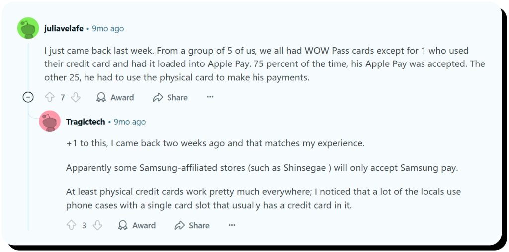 Reddit users describe their experience using Apple Pay abroad. One of Apple Pay cons is that it isn't accepted everywhere.