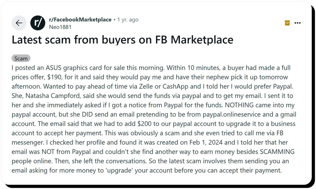 Facebook Marketplace scam example