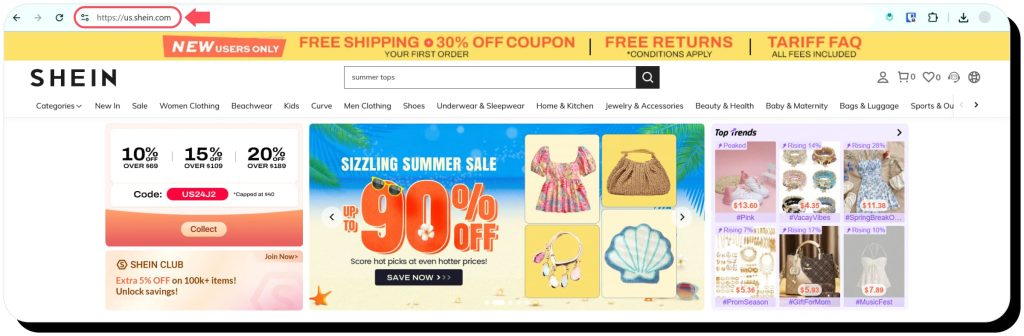 Shein website with the URL highlighted to show that Shein is safe if you browse the official site