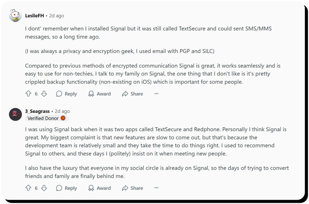 Reddit users sharing their positive opinion about Signal, showing that the Signal app is safe to use.