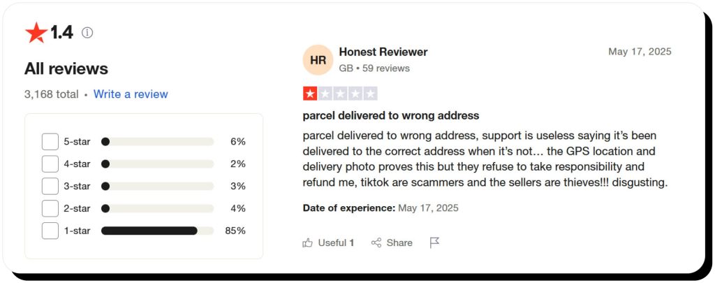 TikTok Shop reviews on Trustpilot with one user sharing their negative experience