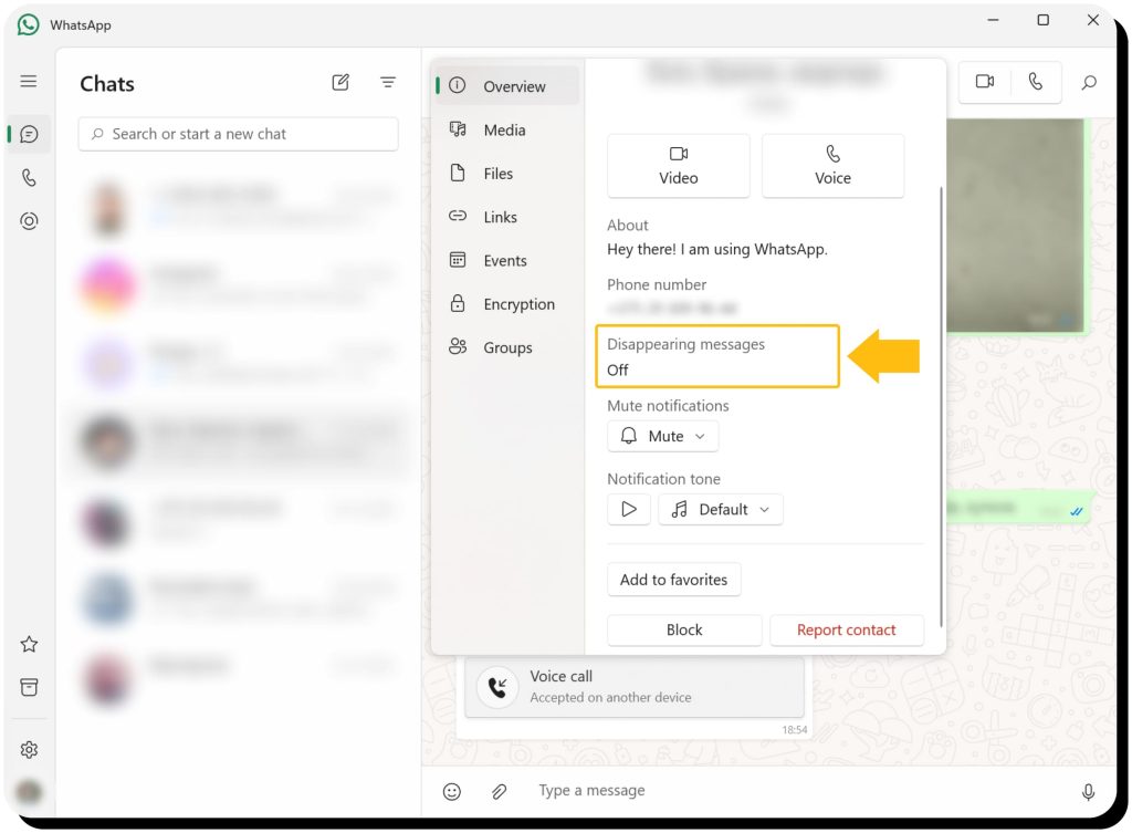 WhatsApp settings with the Disappearing messages feature highlighted. WhatsApp is safe for sending private photos when you enable this feature
