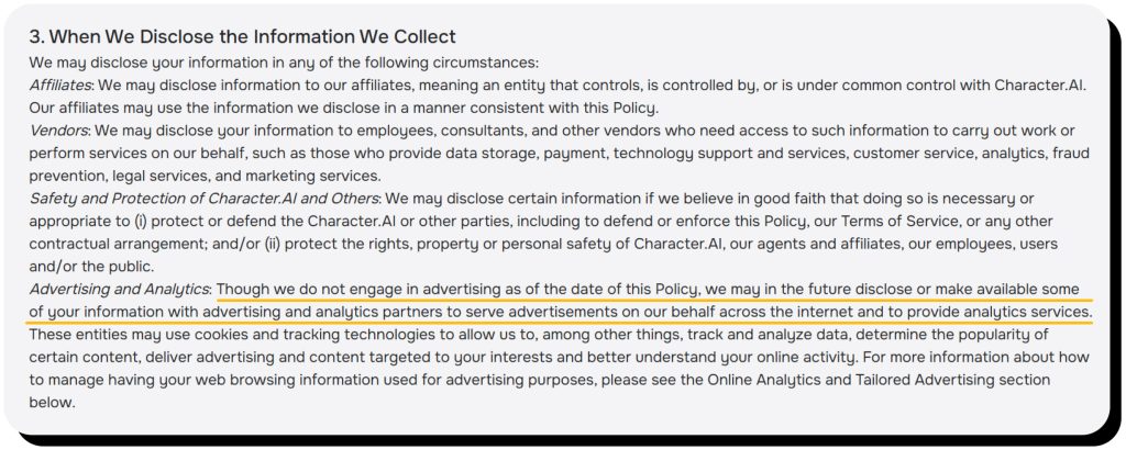 C.AI Privacy Policy describing who they share user data with. Character.AI is safe for those who don't want their data shared with advertisers