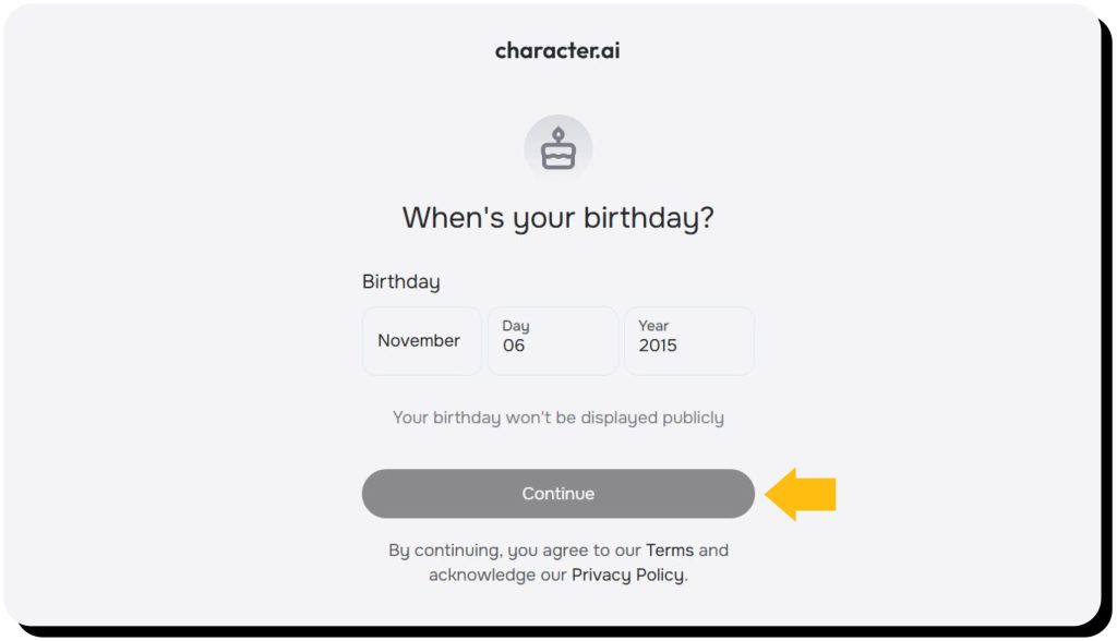 Submitting birth date during registration on Character.ai. C.AI is safe for registering for 13-year-olds and above.