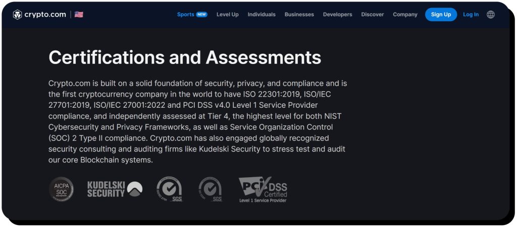 Crypto.com website describes their certifications and assessments, reaffirming that Crypto.com is safe to use