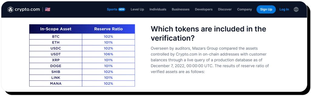 Crypto.com website shows the result of a Proof of Reserves audit with a table that proves that your crypto on Crypto.com is safe in case of a hack
