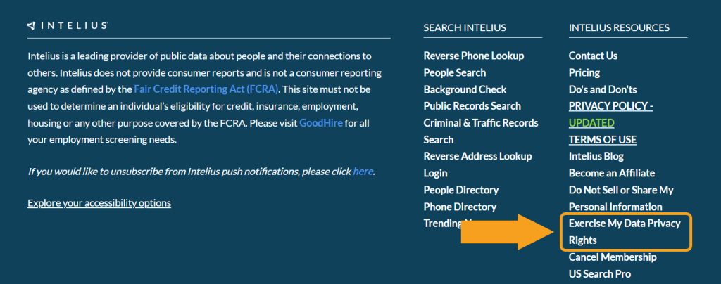 Intelius footer with the "Exercise My Data Privacy Rights" link highlighted to begin Intelius opt out