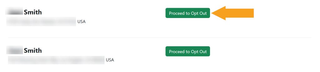 Selecting which record to remove from SimpleContacts.com by clicking the "Proceed to Opt Out" button
