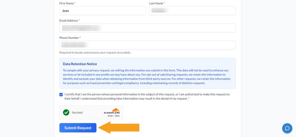 Submitting personal info to opt out of Lookify.io