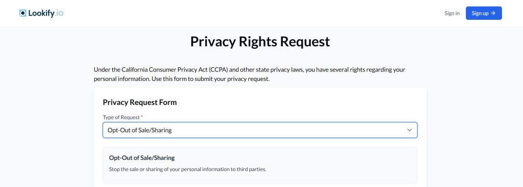 Selecting "Opt out of sale/ sharing" as the request type on Lookify.io