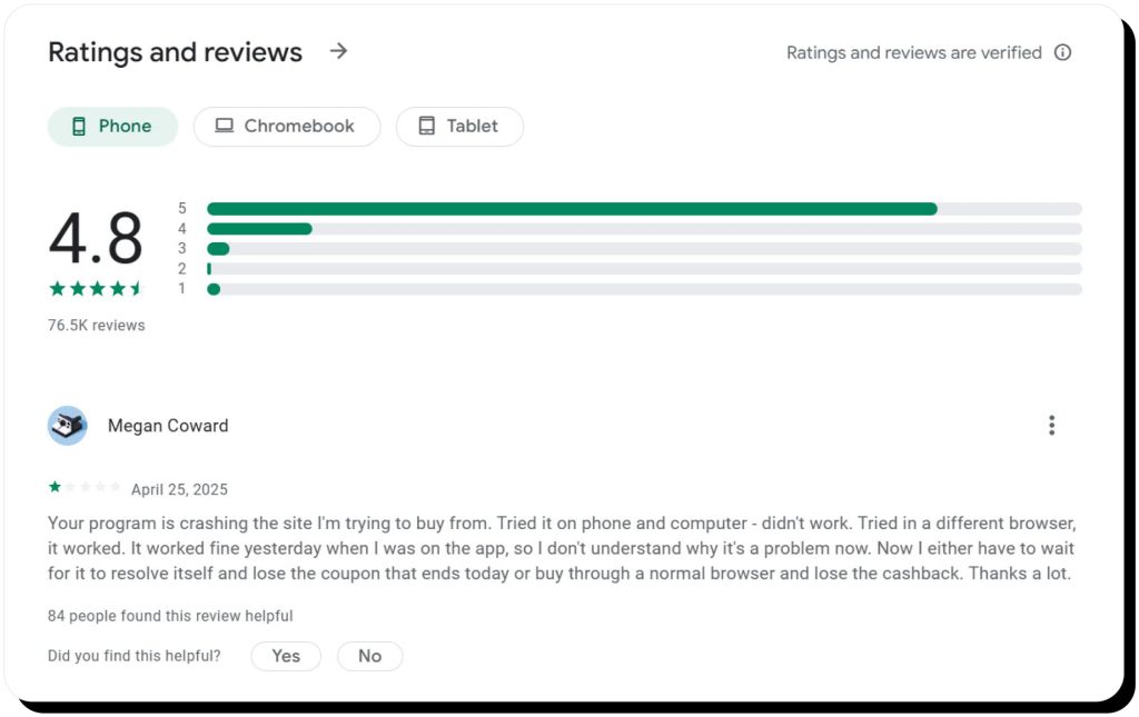Google Play reviews of the Capital One Shopping app with one user complaining about slow performance