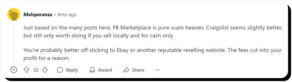 Reddit user shares an opinion that Facebook Marketplace is pure scam heaven. Venmo for Facebook Marketplace is risky due to scams.