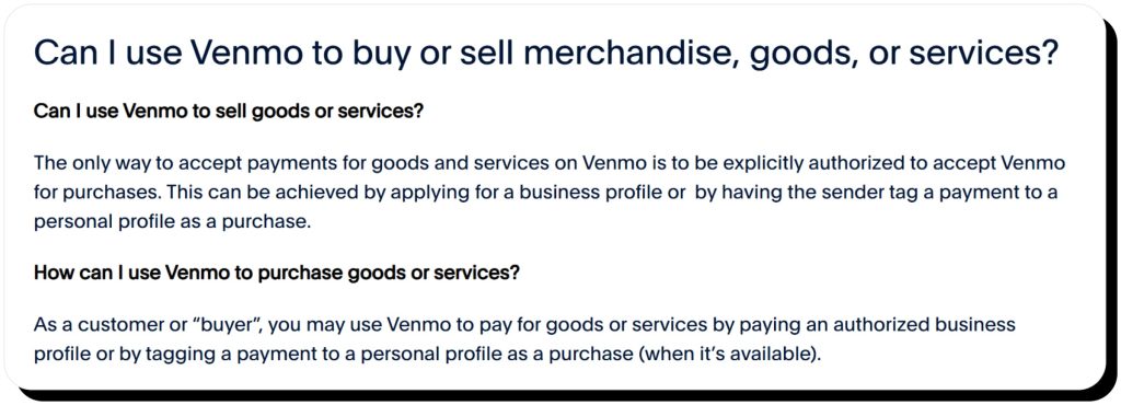 Venmo Help article explains how one can sell goods and services. Venmo is safe for Facebook Marketplace as long as you're an authorized seller.