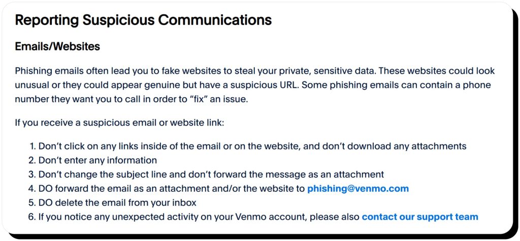 Venmo Help article explains how to report phishing emails. Venmo for Facebook Marketplace is risky due to phishing scams.