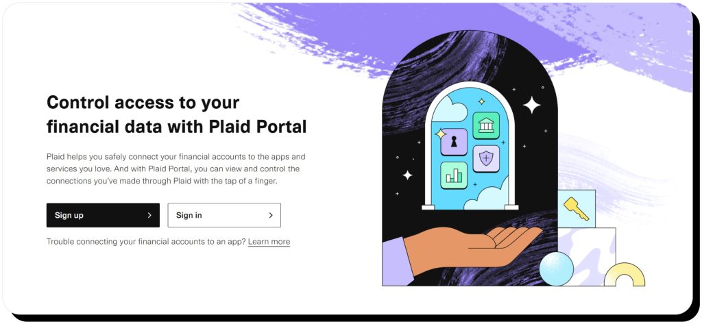 Plaid Portal homepage. Plaid is trustworthy as it allows users to control their data and access via the Portal.
